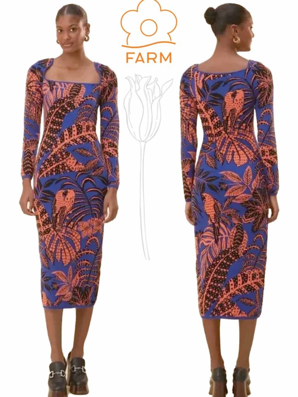 Farm Rio Tropical Blue Long Sleeve Knit Midi Dress
